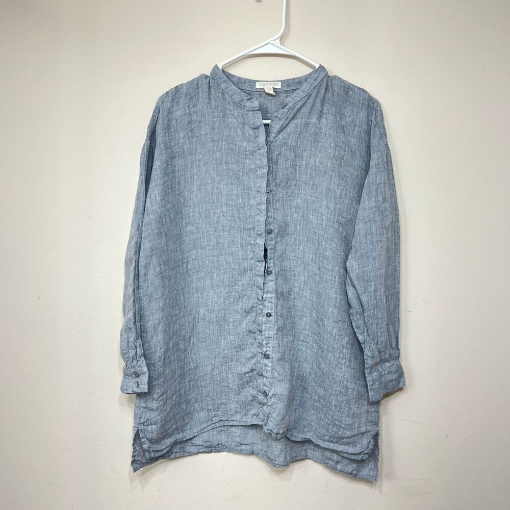 Eileen Fisher Womens Organic Handkerchief Linen Mandarin Collar Shirt Gray PS